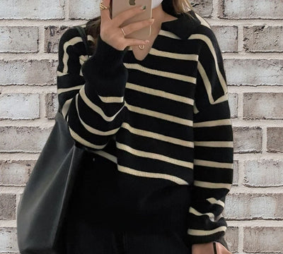 Women’s Pullover Sweater – Relaxed Fit – Wool Blend Knit – V-Neck Striped – Long Sleeve