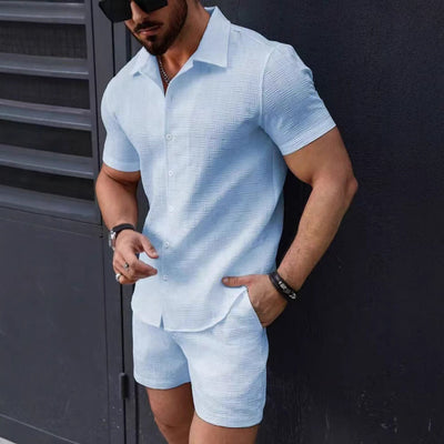Men’s Matching Set – Slim Fit Button-Down Shirt & Shorts – Lightweight Textured Fabric