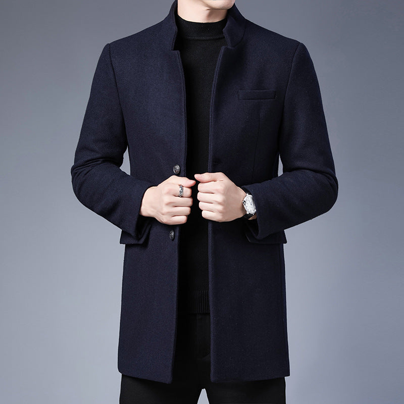 Men’s Mid-Length Coat – Slim Fit – Wool Blend – Stand Collar – Button-Up Formal Style