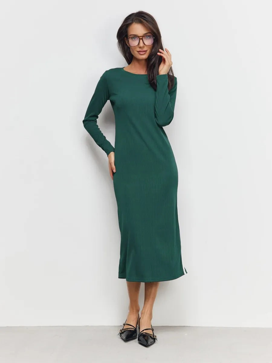 Women’s Knit Maxi Dress – Slim Fit – Long Sleeve – Ribbed Texture – Side Slit