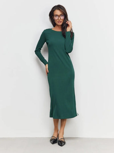 Women’s Knit Maxi Dress – Slim Fit – Long Sleeve – Ribbed Texture – Side Slit