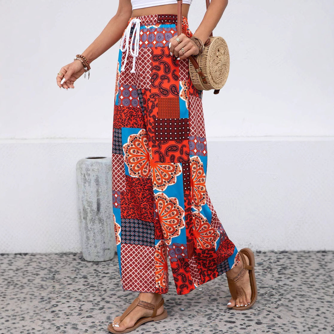 Women’s Lounge Pants – Bohemian Print – Relaxed Wide Leg – Cotton Blend – Full Length