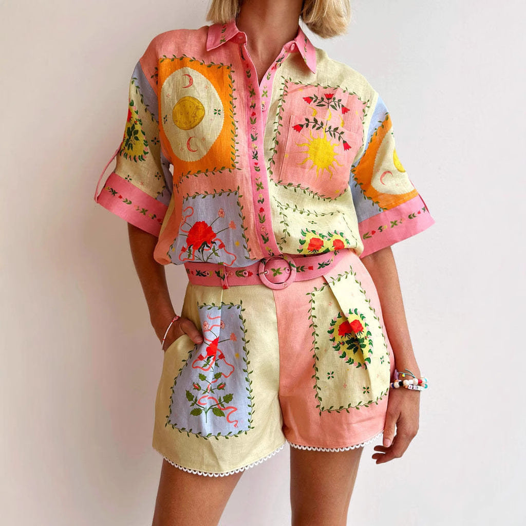 Women’s Linen Shirt and Shorts Set – Relaxed Fit – Embroidered – Belted High Waist