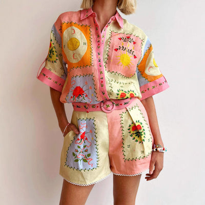 Women’s Linen Shirt and Shorts Set – Relaxed Fit – Embroidered – Belted High Waist