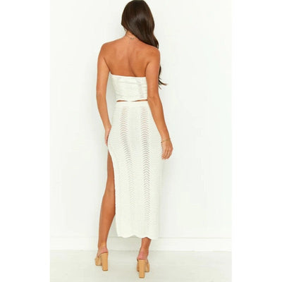 Women’s Two-Piece Set – Strapless Knit Crop Top with Cut-Out – High Slit Maxi Skirt