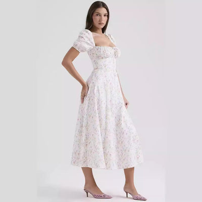 Women’s Midi Dress – A-Line Fit – Puff Sleeve – Square Neck – Lightweight Cotton