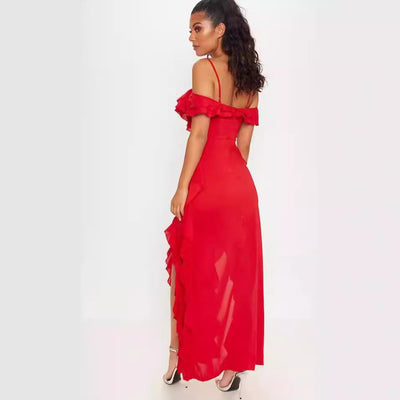 Women’s Long Dress – Slim Fit Chiffon – Ruffled Layers – Off-Shoulder Spaghetti Straps