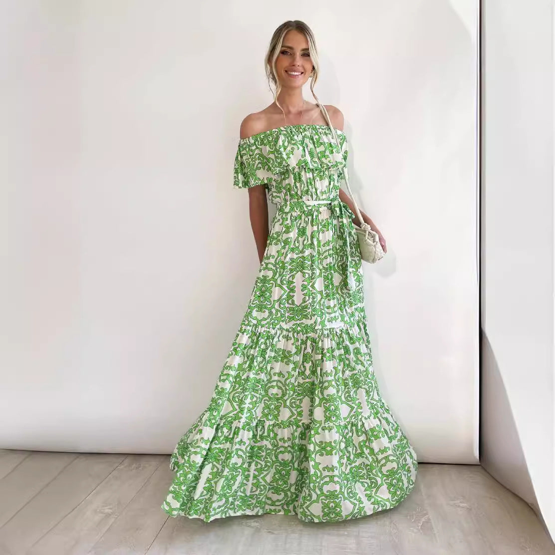 Women’s Maxi Dress – Off Shoulder – Ruffle Neckline – Tiered Skirt – Waist Tie