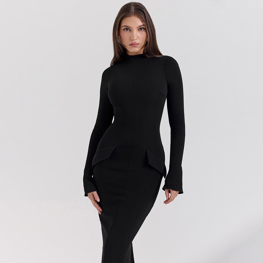 Women’s Long Dress – Slim Fit – Round Neck – Long Sleeve – Formal Elegant Style