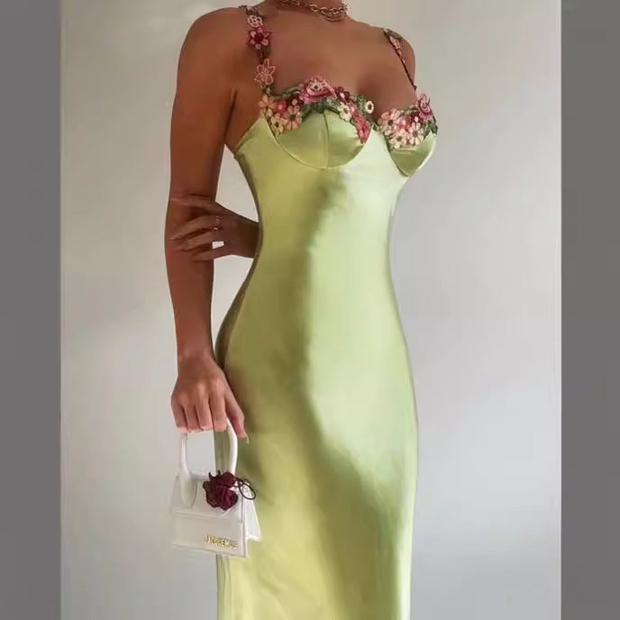 Women’s Long Dress – Satin Slim Fit – Sweetheart Neck – Floral Lace Trim Gown