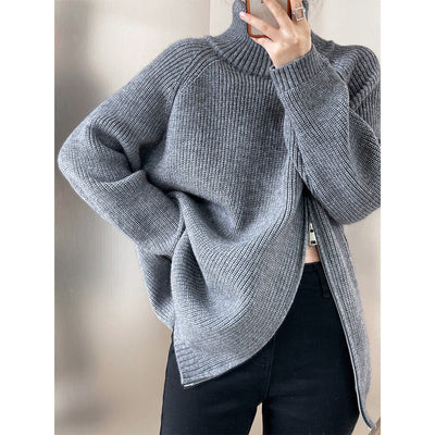 Women’s Knit Sweater – Wool Blend – Oversized Fit – High Collar – Side Zipper – Ribbed