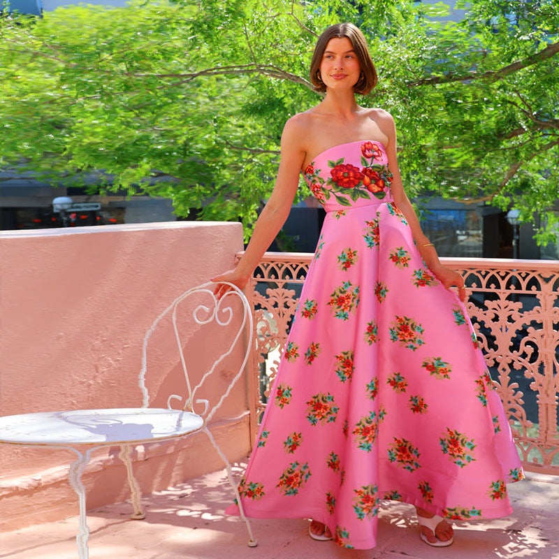 Women’s Evening Gown – Strapless Satin – Floral Print – Slim Fit Full-Length Dress