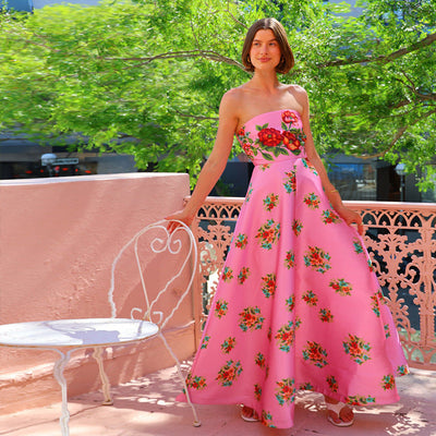 Women’s Evening Gown – Strapless Satin – Floral Print – Slim Fit Full-Length Dress