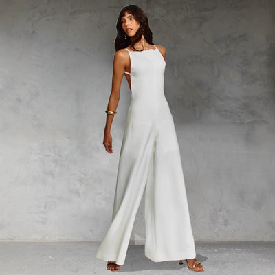 Women’s Jumpsuit – Cotton Linen Blend – Relaxed Fit – Sleeveless – Wide Leg – Full Length