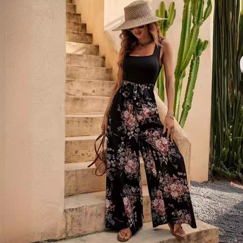 Women’s Jumpsuit – Sleeveless Floral – Relaxed Fit – Wide Leg – Full Length – Belted Waist