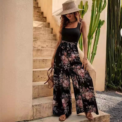 Women’s Jumpsuit – Sleeveless Floral – Relaxed Fit – Wide Leg – Full Length – Belted Waist