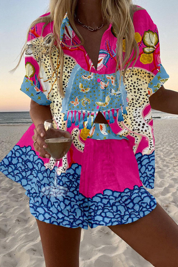 Belina™ - Short linen suit with butterfly print