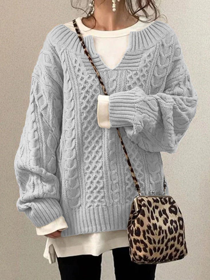 Women’s Knitted Sweatshirt – Wool Blend – Oversized Fit – Cable Knit – Deep V-Neck – Long Sleeve