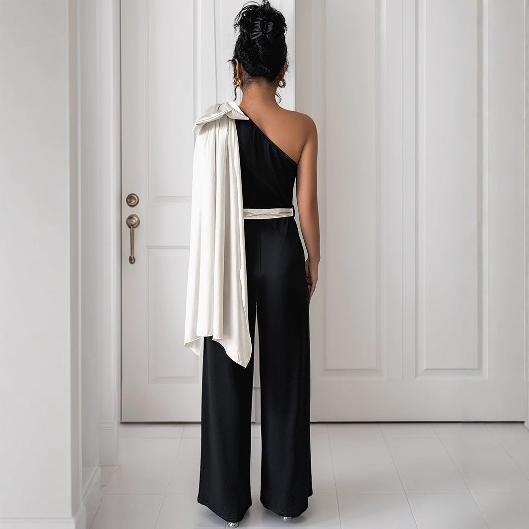 Women’s One-Shoulder Jumpsuit – Satin Texture – Tailored Fit – Bow Shoulder Accent
