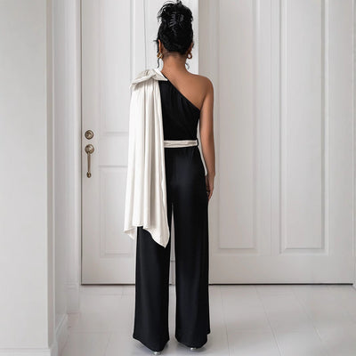 Women’s One-Shoulder Jumpsuit – Satin Texture – Tailored Fit – Bow Shoulder Accent