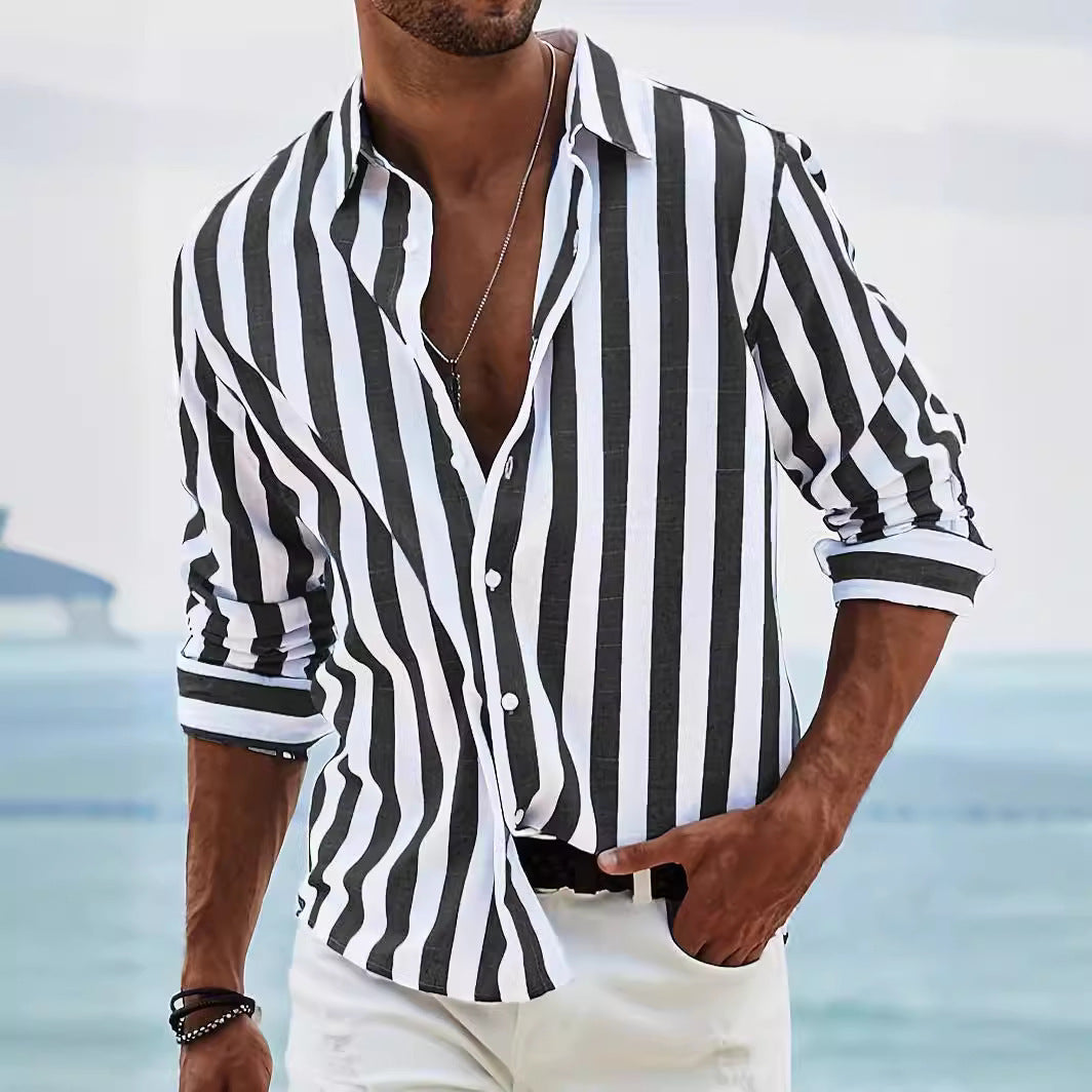 Men’s Long Sleeve Shirt – Cotton Linen Blend – Relaxed Fit – Striped Button-Up