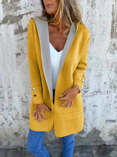 Women’s Hooded Cardigan – Knit Fabric – Relaxed Fit – Contrast Trim – Patch Pockets