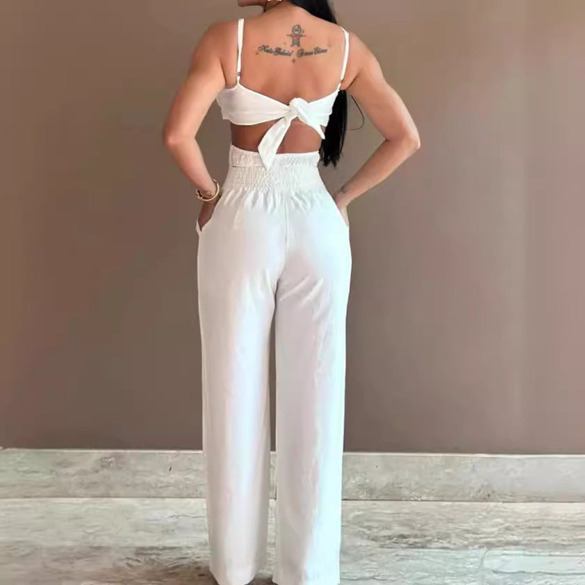 Women’s Jumpsuit – Wide Leg – Spaghetti Straps – Bow Front – Cut-Out Sides – Backless
