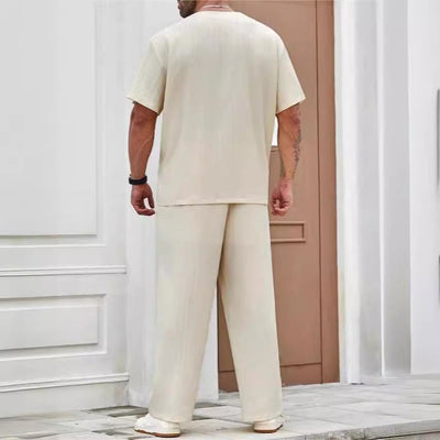 Men’s Casual Set – Lightweight V-Neck Top – Relaxed Fit Full-Length Pants