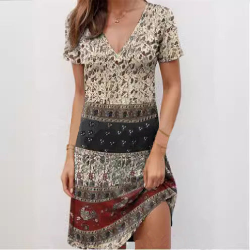 Women’s Mini Dress – Relaxed Fit – Deep V-Neck – Short Sleeve Boho Patchwork Cotton