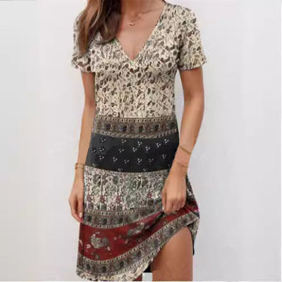 Women’s Mini Dress – Relaxed Fit – Deep V-Neck – Short Sleeve Boho Patchwork Cotton