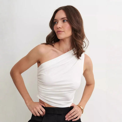 Women’s One-Shoulder Crop Top – Slim Fit – Ruched Side – Stretch Cotton Blend