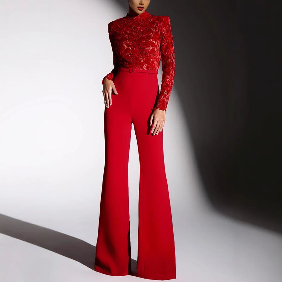 Women’s Jumpsuit – Lace Long Sleeve Top – Belted Waist – Flared Leg Full Length