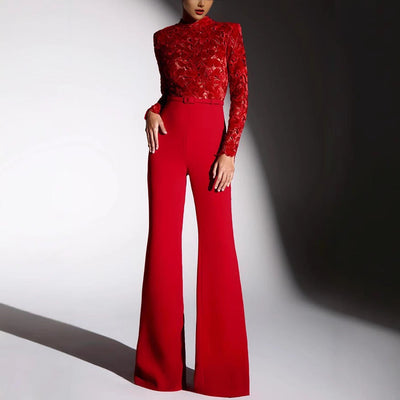 Women’s Jumpsuit – Lace Long Sleeve Top – Belted Waist – Flared Leg Full Length