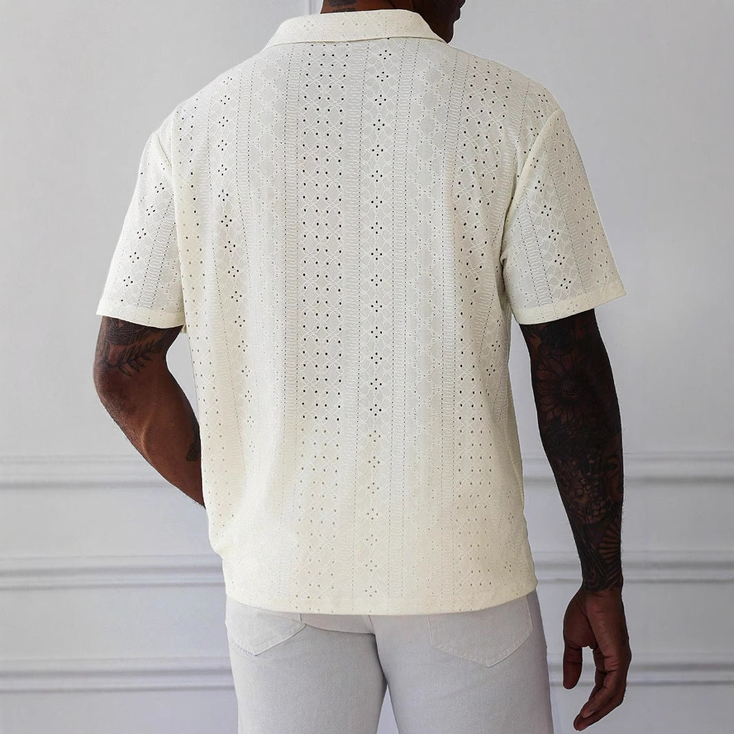 Men’s T-Shirt – Relaxed Fit – V-Neck – Knitted Jacquard – Breathable Lace Texture
