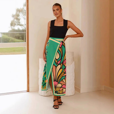 Women’s Midi Skirt – Slim Fit – Front Slit – Abstract Print – Elegant Draping