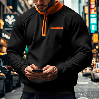 Men’s Sweatshirt – Regular Fit – Zip Neck – Stand-Up Collar – Cotton Blend – Chest Pocket
