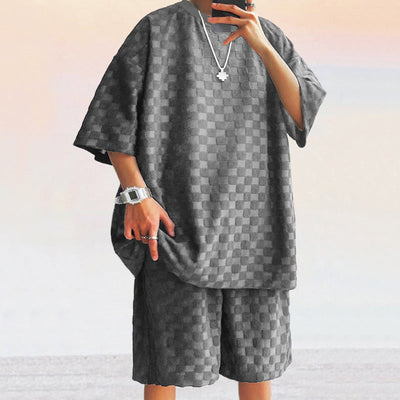 Men’s Two-Piece Set – Jacquard Knit – Loose Fit Shirt & Relaxed Straight Shorts