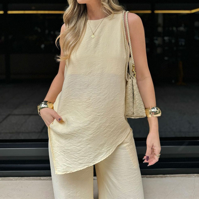 Women’s Two-Piece Set – Sleeveless Asymmetrical Top – Wide-Leg Crinkled Pants