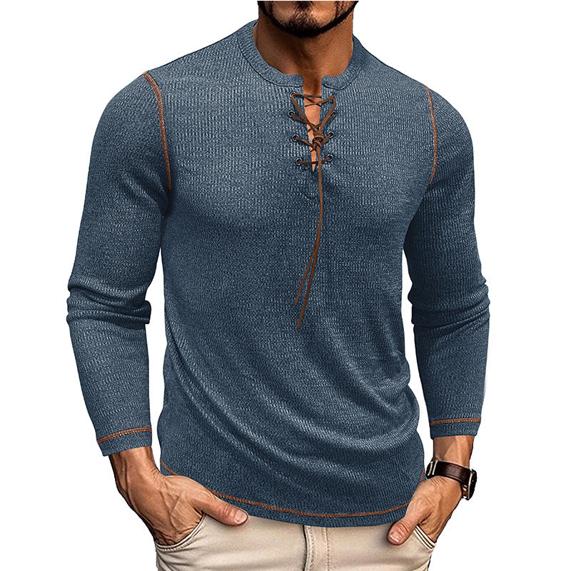 Men’s Long Sleeve Shirt – Slim Fit – Knit Texture – Lace-Up Neck – Casual Style