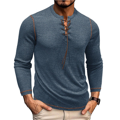 Men’s Long Sleeve Shirt – Slim Fit – Knit Texture – Lace-Up Neck – Casual Style