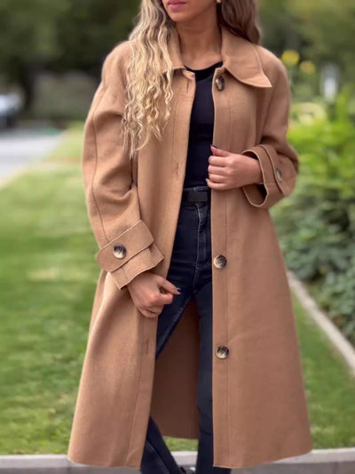 Women’s Long Coat – Wool Blend – Relaxed Fit – Button Front – Full Length