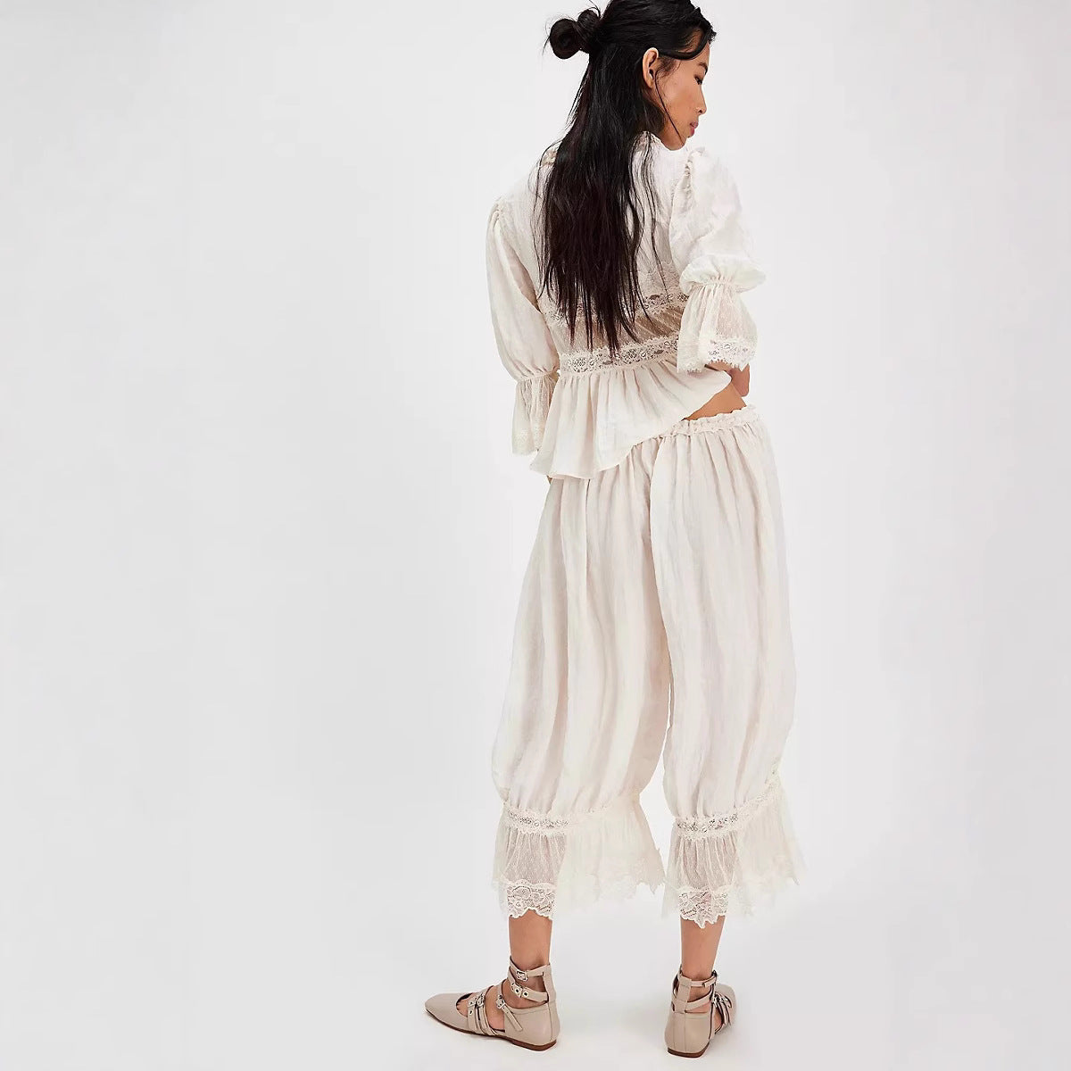 Women's Bohemian Lace Trim Puff Pants - Loose Fit Cropped Trousers