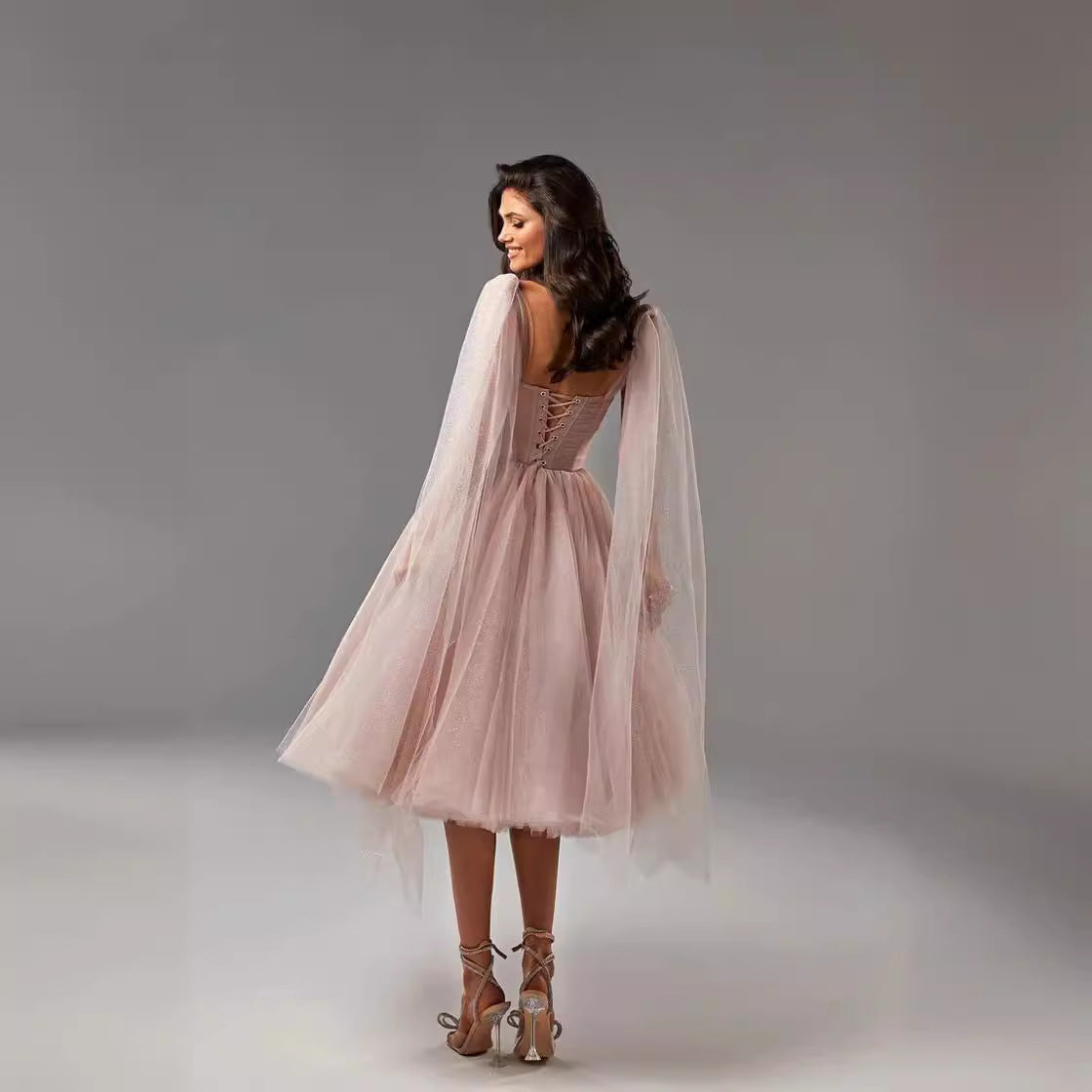 Women’s Evening Dress – A-Line Silhouette – Sheer Overlay – Backless – Midi Length