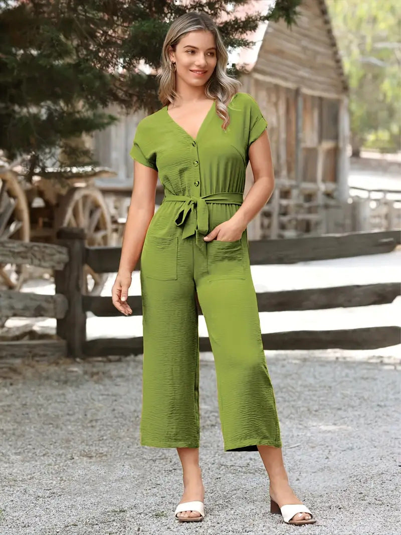 Women’s Jumpsuit – V-Neck – Short Sleeve – Belted Waist – Cropped Culotte Fit