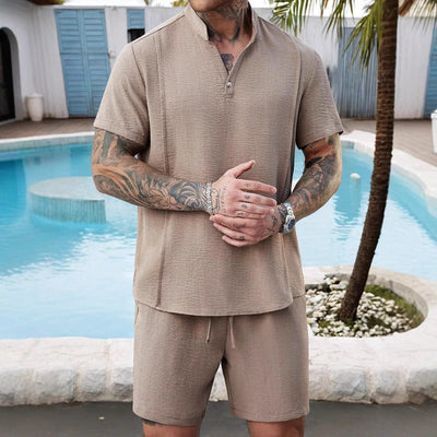 Men’s Henley Shirt and Shorts Set – Breathable Cotton – Relaxed Fit – Casual Outfit