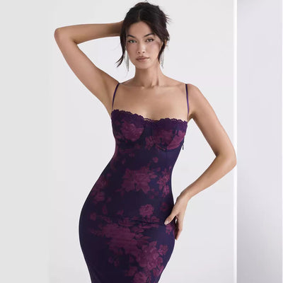 Women’s Evening Dress – Slim Fit – Floral Print – Spaghetti Straps – Sheer Hem – Open Back