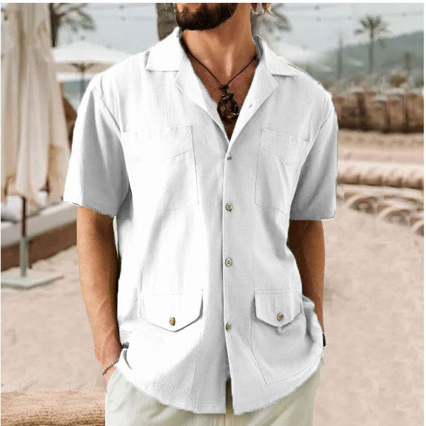 Men’s Short Sleeve Shirt – Cotton Linen Blend – Relaxed Fit – Notched Collar – 4 Pockets