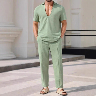 Men’s Two-Piece Set – Linen Blend – Relaxed Fit – Short Sleeve V-Neck Shirt & Pants