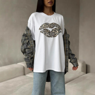 Women’s Graphic T-Shirt – Loose Fit – Cotton Blend – Leopard Lips Print – Short Sleeve