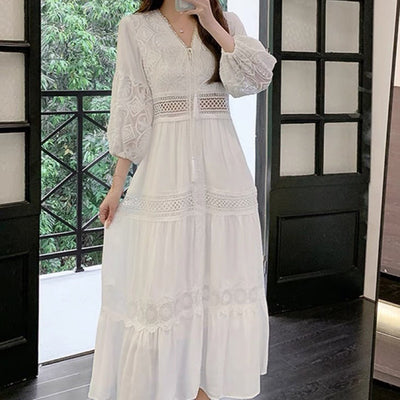 Women's Maxi Lace Dress - Bohemian Style - Puff Sleeves - Embroidered Design
